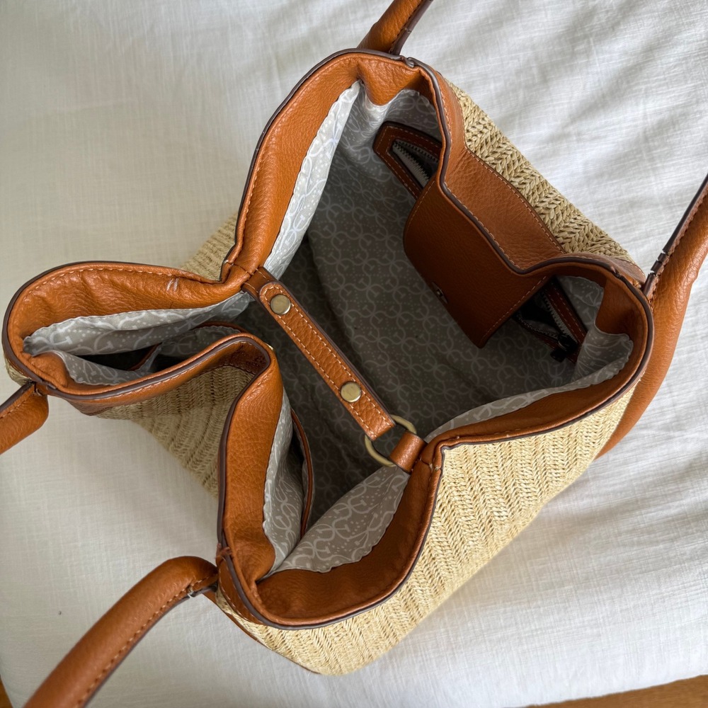 Sam Edelman Straw Raffia Tote Bag Tan Faux Leather Trim Tassel Shoulder Bag - Picture 5 of 11